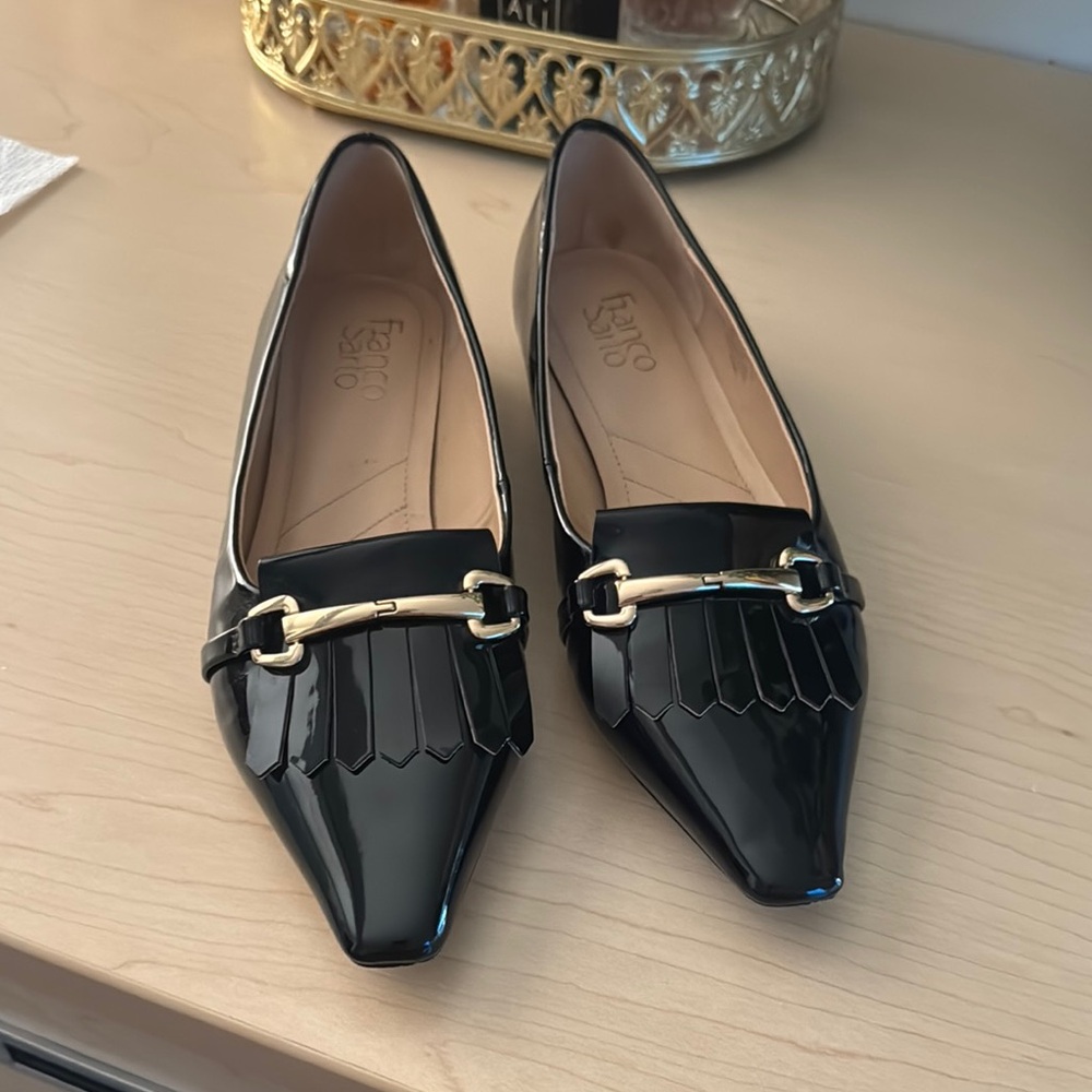 Franco Sarto Black Flats with Gold Hardware and Fringe